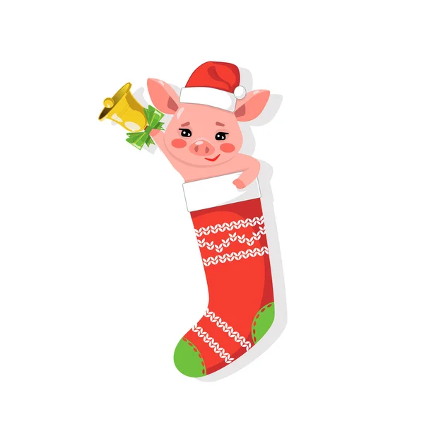 Cute Little Pig Christmas Stocking Ringing Bell Vector Isolated Illustration — Stock Vector