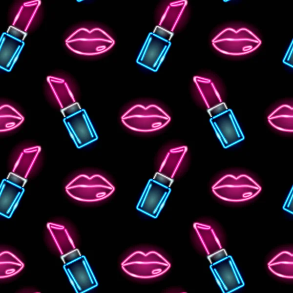 Patrón Sin Costuras Con Iconos Neón Lápiz Labial Labios Femeninos — Archivo Imágenes Vectoriales