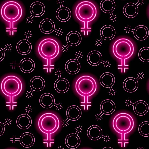 Neon female signs seamless pattern. Pink glowing venus mirror symbols on black background. Girly of feminist concept. Vector illustration. — Stock Vector