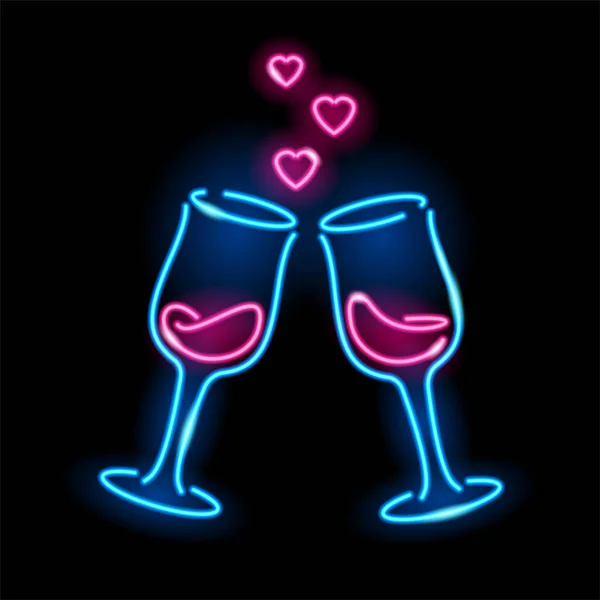 Siyah arka planda izole edilmiş kalpleri olan iki şarap kadehinin Neon simgesi. Mavi ve pembe renkler. Sevgililer Günü, randevu, kafe, aşk randevusu, alkol konsepti. Vektör illüstrasyonu. Telifsiz Stok Illüstrasyonlar