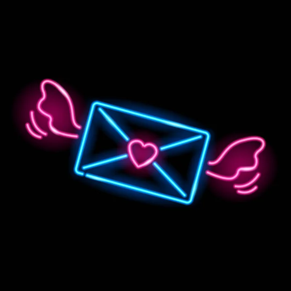 Neon icoon van vliegende liefdesbrief geïsoleerd op zwarte achtergrond. Blauwe envelop met roze vleugels en hartstempel. Valentijnsdag, post, liefde, correspondentie concept. Vectorillustratie. — Stockvector
