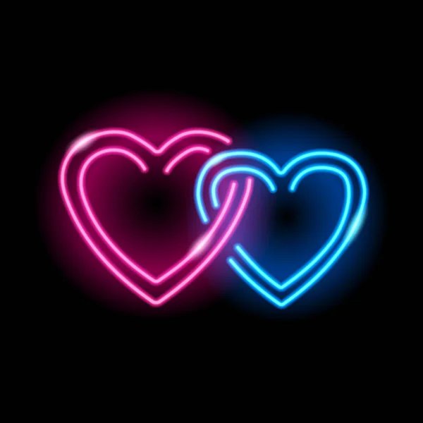 Icono de neón de dos corazones entrelazados aislados sobre fondo negro. Símbolos azules y rosados conectados en forma de corazón. Día de San Valentín, amantes, concepto de boda. Ilustración vectorial. — Vector de stock