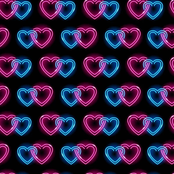 Patrón sin costuras con iconos de neón de corazones entrelazados azules y rosados sobre fondo negro. Día de San Valentín, boda, amor, concepto romántico. Ilustración vectorial. — Vector de stock