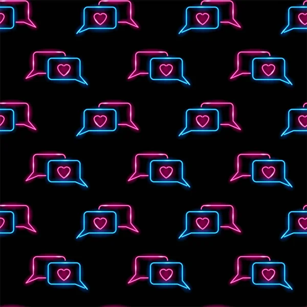 Nahtloses Muster mit Neon-Icons von Liebesbotschaften auf schwarzem Hintergrund. Valentinstag, Liebesgespräche, Romantik, soziales Netzwerk-Konzept. Vektorillustration. — Stockvektor