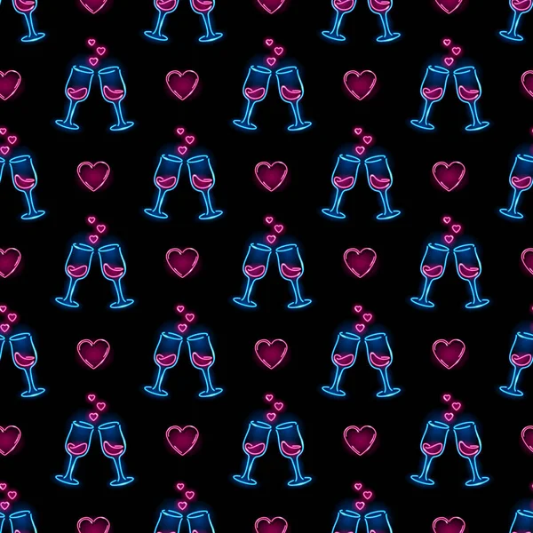 Patrón sin costuras con iconos de neón de dos copas de vino con corazones sobre fondo negro. Amor, San Valentín, boda, concepto romántico. Ilustración vectorial. — Archivo Imágenes Vectoriales