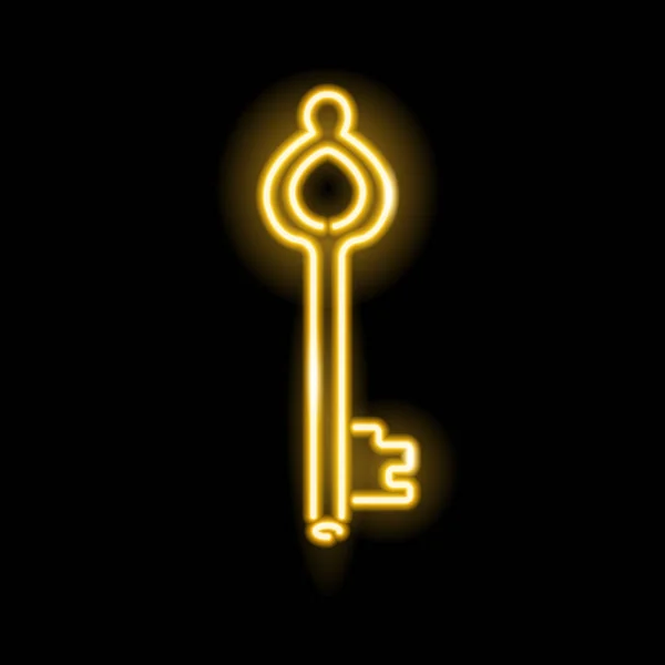 Neon icoon van gouden sleutel geïsoleerd op zwarte achtergrond. Slot, huis, uitnodigingsconcept voor logo, banner, webdesign. Vectorillustratie. — Stockvector