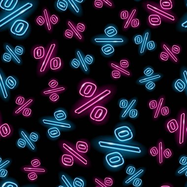 Percentage sign seamless pattern with blue and pink icons on black background. Sale, discount, benefit, business, financial concept. Night signboard style. Vector illustration.