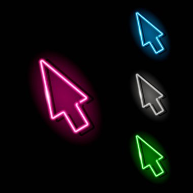 Neon imleç simgesi. Siyah arkaplanda dört farklı renkte bilgisayar faresi ok işaretleyicisi var. İnternet, internet, yön kavramı. Gece tabelası tarzı. Vektör 10 EPS illüstrasyonu.