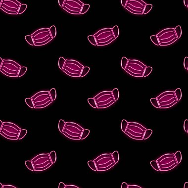 Siyah arka planda neon tıbbi ya da cerrahi maske simgelerine sahip kusursuz desenler. İlaç, koronavirüs salgını, sağlık hizmeti konsepti. Vektör illüstrasyonu.