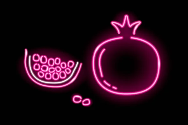 Neon garnet fruit and slice with seeds icons isolated on black background. Summer, health food, fresh juice concept for logo, banner. Vector illustration. Vecteurs De Stock Libres De Droits