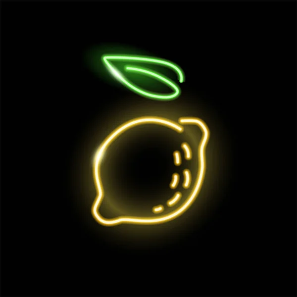 黒の背景に孤立したネオンレモンアイコン。鮮度、ビタミン、果物、ロゴ、バナーのための夏のコンセプト。ベクターイラスト. — ストックベクタ