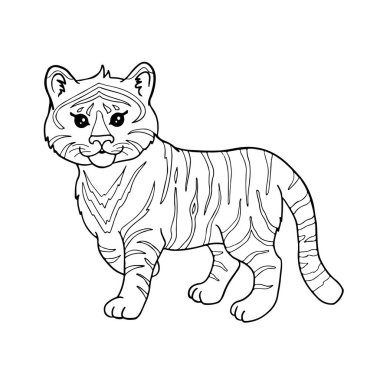 Boyama sayfası ya da kitap için sevimli çizgi film kaplanı. Vahşi hayvan karakterinin siyah ve beyaz ana hatlı vektör çizimi.
