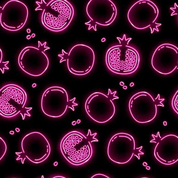 Neon garnet seamless pattern with pink fruits with seeds icons on black background. Summer, health food, fresh juice concept. Vector illustration. — Stock Vector