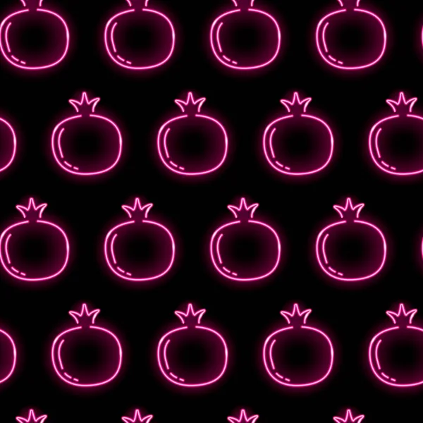 Neon pomegranate seamless pattern with pink garnet fruits icons on black background. Summer, tropical, fresh juice concept. Vector illustration. — Stock Vector