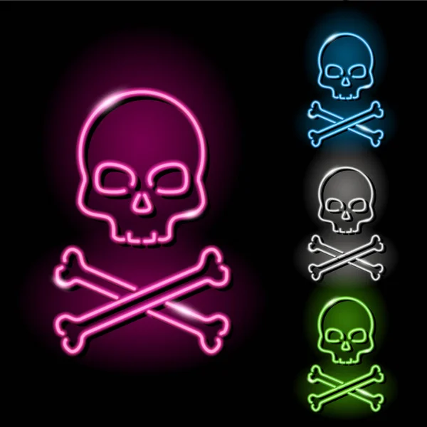 Set of neon skull and crossbones icons in four different colors isolated on black background. Pirates, danger, death, sceleton concept. Night signboard style. Vector illustration. — Stockvektor