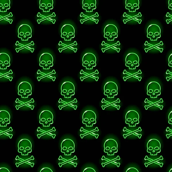 Neon Totenkopf und Kreuzknochen nahtloses Muster mit grünen Jolly Roger Symbolen auf schwarzem Hintergrund. Gift, Piraten, Gefahr, Tod, Halloween-Konzept. Vektorillustration. — Stockvektor