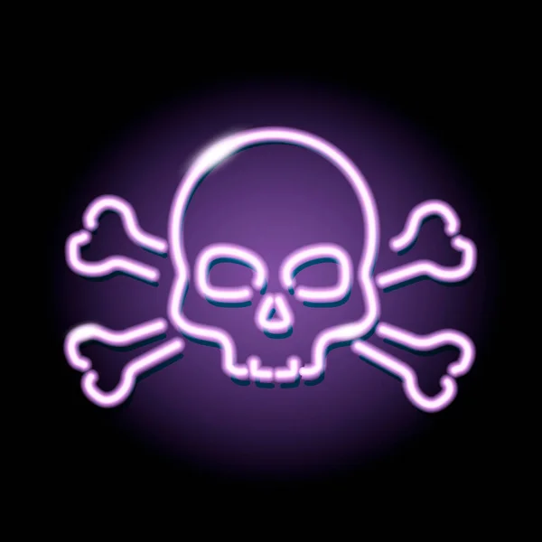 Icona con teschio e ossa incrociate al neon isolata su sfondo nero. Pirateria, pericolo, morte, concetto di Halloween. Stile cartello notturno. Illustrazione vettoriale. — Vettoriale Stock