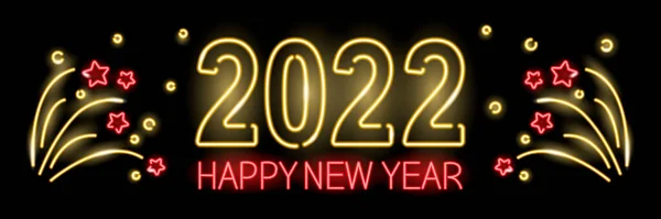 Neon 2022 Mutlu Yıllar bayrağı ve kırmızı ve altın renkli havai fişekler siyah arka planda izole edildi. Kış bayramı kutlaması. Gece parlayan tabela tarzı. Vektör illüstrasyonu. Stok Illüstrasyon