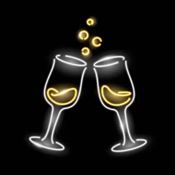 Siyah arka planda izole edilmiş iki şarap kadehinin Neon simgesi. Mutlu Noeller, yeni yıl, şampanya, çene konsepti. Vektör illüstrasyonu. Stok Vektör