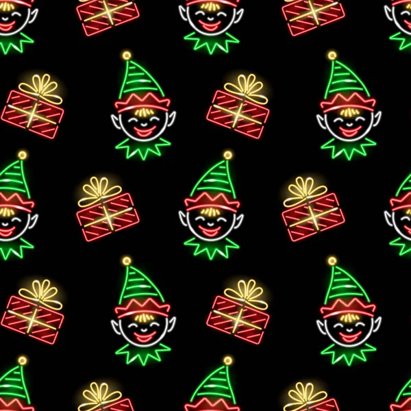 Julen sömlös mönster med neon ikoner alver ansikten och presentaskar på svart bakgrund. Vintersemester, Boxningsdag, X-mas, nyårskoncept för tapeter, inslagning. Vektorillustration. — Stock vektor