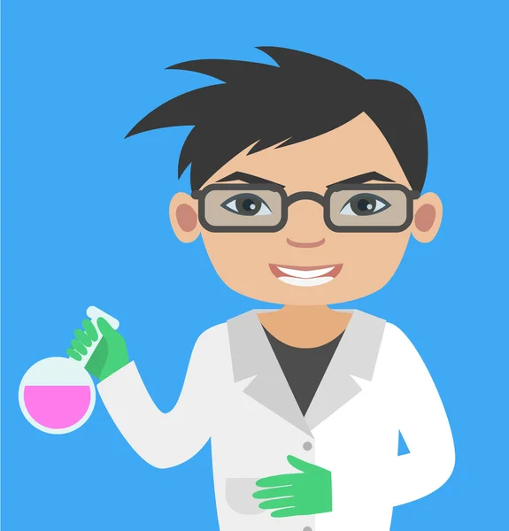 Asiatiska boy med glasögon lära kemi. Illustration av unga forskare håller ett provrör — Stock vektor
