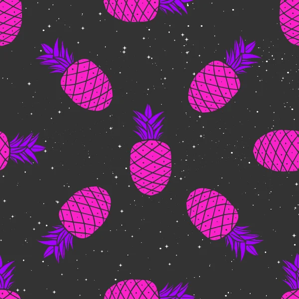 Colorful Cosmic seamless pattern of pineapples on a starry background in pop-art style — Stock Vector