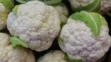 Sebze pazarında yeşil yapraklı bir grup taze karnabahar. Taze çiğ karnabahar yakın çekim. Vejetaryen yemekleri için organik sebzeler.