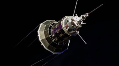 Moskova, Rusya - 18 Nisan 2021: Kozmonotlar Müzesi. Karanlık bir arka planda yapay bir Dünya uydusunun gerçek boyutunda bir modeli. Uzay Müzesi.