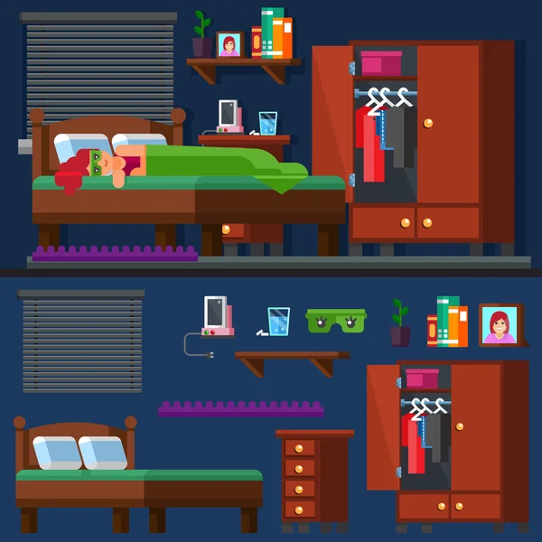 Menina dormir na cama quarto da mulher. Hora de dormir . Ilustrações De Stock Royalty-Free