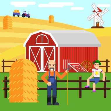 Çocuk ve çiftçi Farm barn ile çizimi