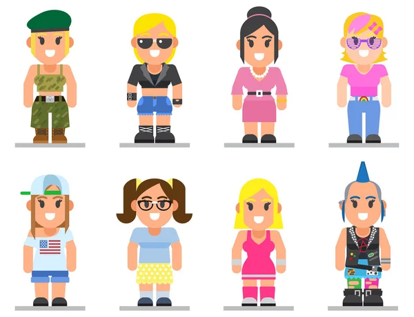 Diferentes subculturas mujer en estilo plano de moda . — Vector de stock