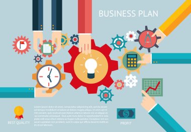 Business plan gears company team infographic work businessman hands concept icons set modern trendy flat vector illustration