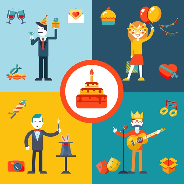 Presente, Festa, Aniversário conjunto de ícones de conceito de caráter Empresário — Vetor de Stock