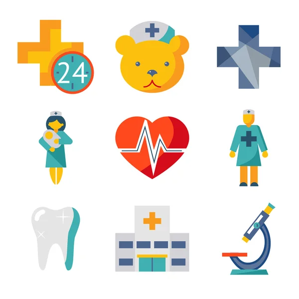 Cuidados médicos e saúde isolado moderno moderno conjunto de ícones planos — Vetor de Stock
