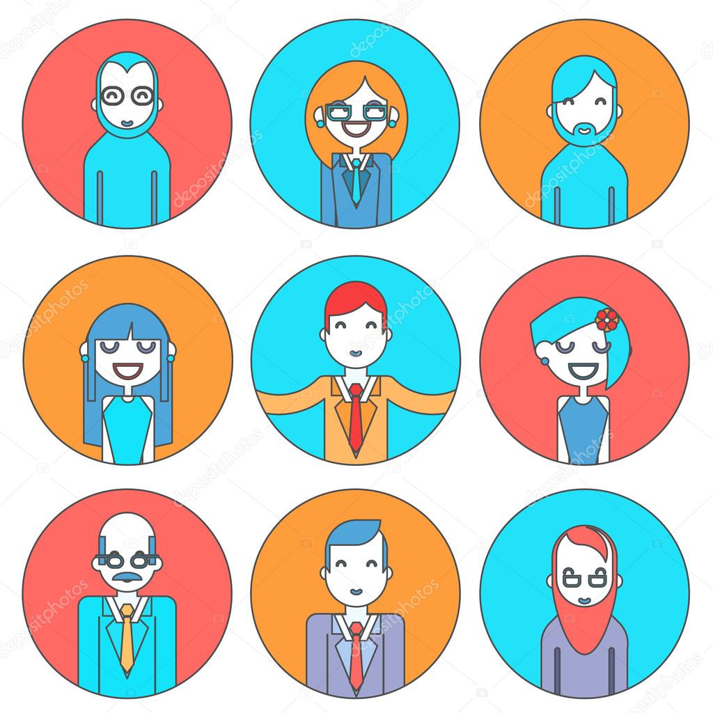 Businessman Male and Female Avatars Director Businesswoman Designer Programmer Geek Hipster character concept line icons set