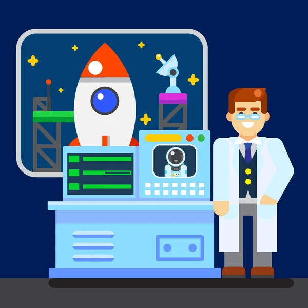 Scientist with spaceship — Stock Vector