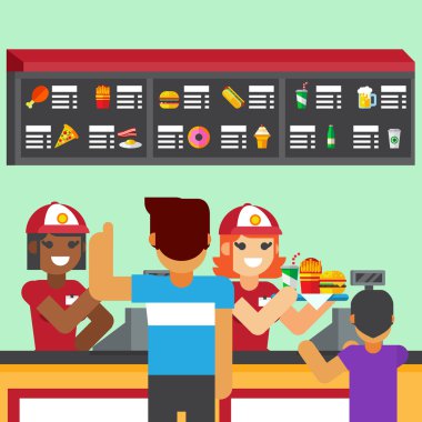 Yemek fast food ile hizmet veren restoran çalışanları gülümse.