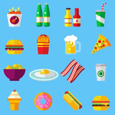 Fast food renkli düz tasarım simgeler kümesi. web ve mobil uygulamalar için şablon öğeleri