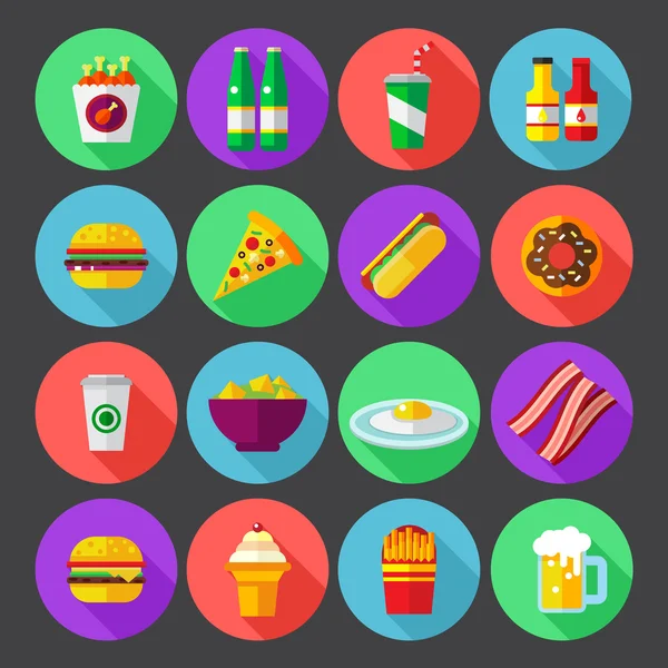 Fast food colorido conjunto de ícones de design plano. elementos de modelo para aplicações web e móveis — Vetor de Stock