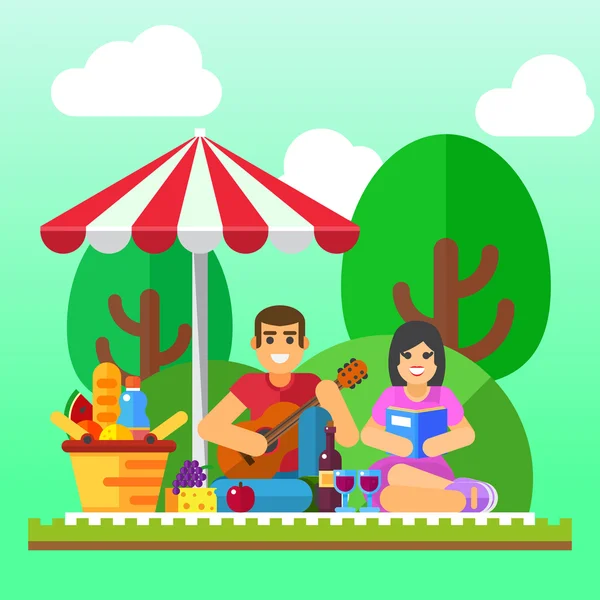 Fondo de picnic de verano. Familia joven, feliz pareja de vacaciones, fecha saludable Gráficos Vectoriales