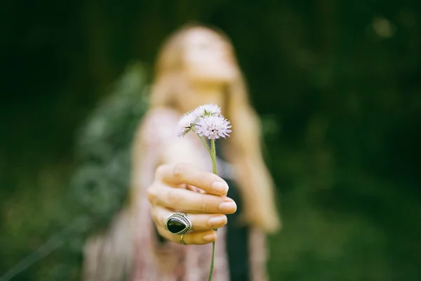 Kvinne som holder blomster i naturen stockbilde