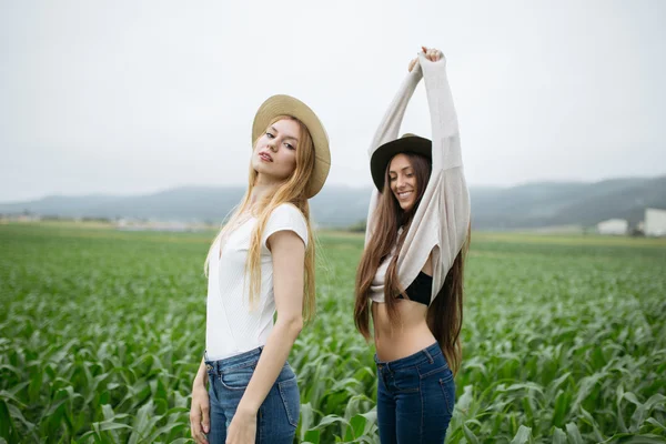 Две молодые и красивые девушки веселятся — стоковое фото
