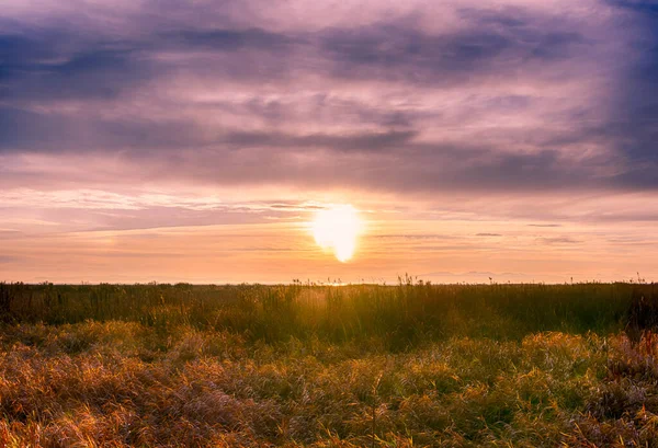 Atemberaubende Landschaft Bei Sonnenuntergang Linsenblitze Und Sonnenstrahlen Schaffen Eine Wunderschöne — Stockfoto