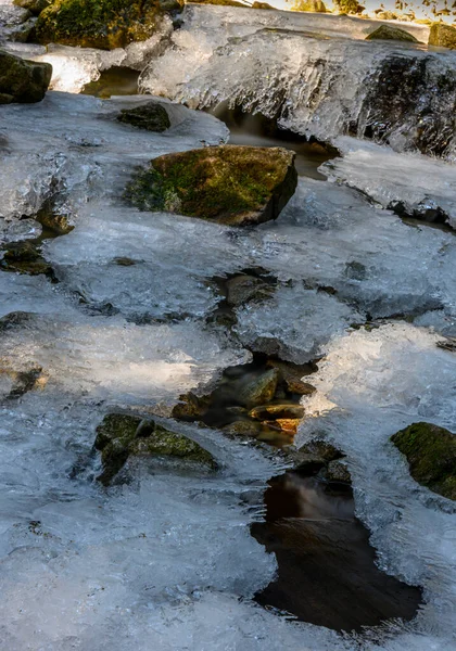 Beautiful frozen waterfall in the winter. Frozen water an ice everywhere. Amazing ice formations. Rocks surrounding the water