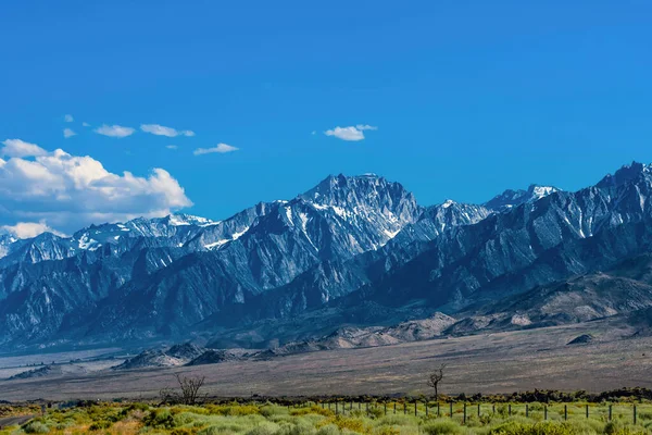 Beautiful Sierra Nevada Mountain Range Meeting Desert Desert Shrubs Grass — Stock Photo, Image