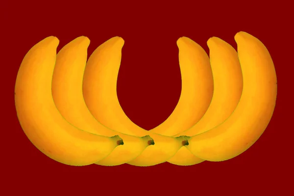 Seis Bananas Design Horizontal Isolamento Fundo Vermelho Power Concept Greatness — Fotografia de Stock