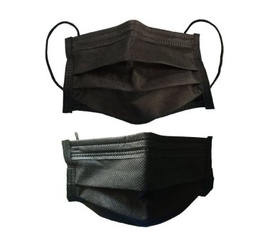 Beyaz arka planda izole edilmiş iki siyah maske ekipman Coronavirus 'u korumak için kullanılır.