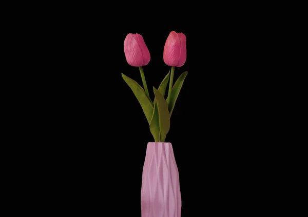 Deux Fleurs Tulipe Rose Pot Pastel Isloated Sur Fond Noir — Photo