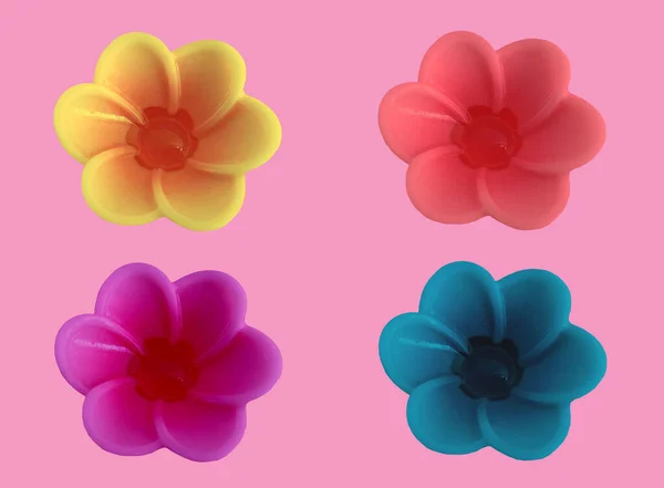 Closeup Multicolour Flowers Set Blossom Bloom Isolated Pink Background Design — Stock Photo, Image