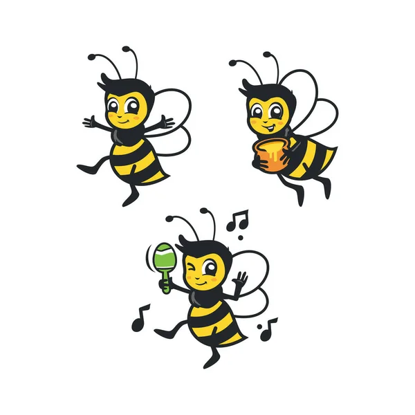 Cartoon Funny Black Yellow Striped Bee Vector Collection — Stock Vector